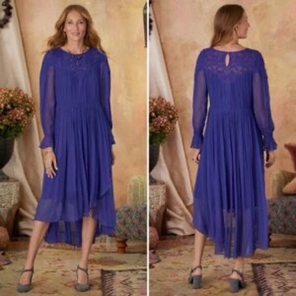 Sundance Catalog Rivoli Dress Lapis Purple Midi Long Sleeve Chiffon Medium NEW - Picture 1 of 8